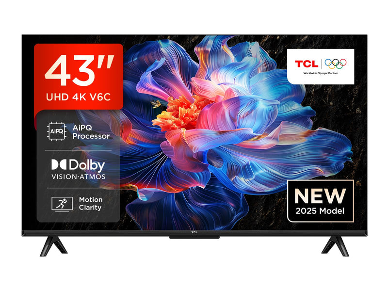 TCL 43V6C-UK 43" 4K Ultra HD, HDR TV, Smart TV Powered by Google TV (Dolby Audio, Voice Control, compatible with Google assistant, Chromecast built-in, 2025 New Model)