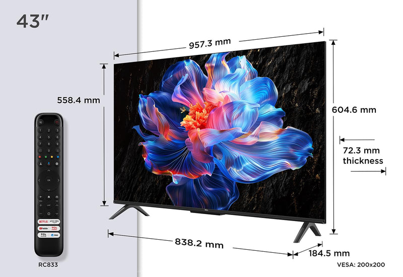 TCL 43V6C-UK 43" 4K Ultra HD, HDR TV, Smart TV Powered by Google TV (Dolby Audio, Voice Control, compatible with Google assistant, Chromecast built-in, 2025 New Model)